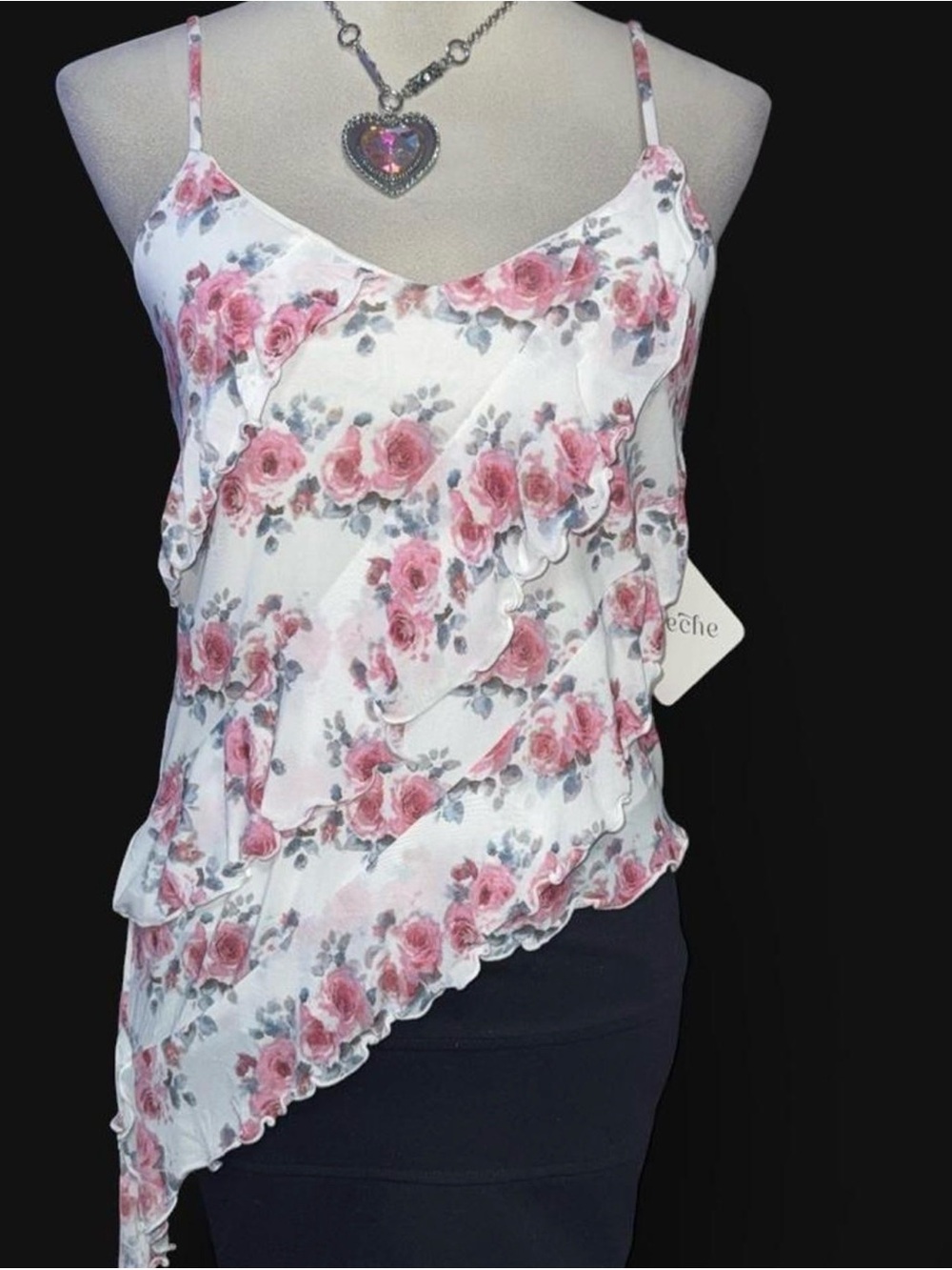 Floral Pink Asymmetric Ruffle Cami Top - Women